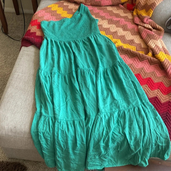 Anrabess one shoulder green midi dress size large ruffle pleated smocked dress - Picture 9 of 9
